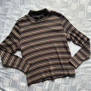 Proportion Petite Striped Long Sleeve Mock-neck Top with Metallic Thread Detail